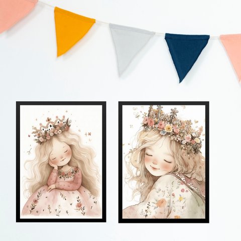 Kit 2 Quadros Infantis Menina Princesa 45x34cm - com Vidro:moldura Preta