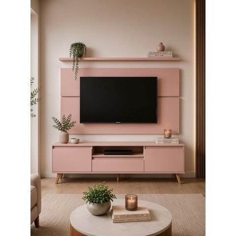 Rack para TV com Painel e Prateleira 180cm Retro MDF Rosa Dallas - On Móveis