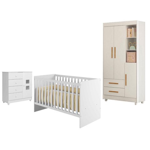 Guarda Roupa Flocos com Cômoda Life Berço Americano Soft Branco Acetinado - Tigus