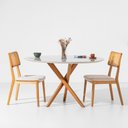 Ver imagem 1 de Conjunto Mesa de Jantar Thai Redonda 1,20m Vidro Off White + 2 Cadeiras Lalá Encosto Palha Creme Ass
