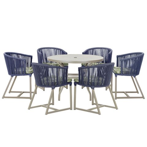Mesa com 6 Cadeiras de Jantar Roma 120cm e Noronha em Alumínio Fendi Corda Náutica Estofado 5 Trama