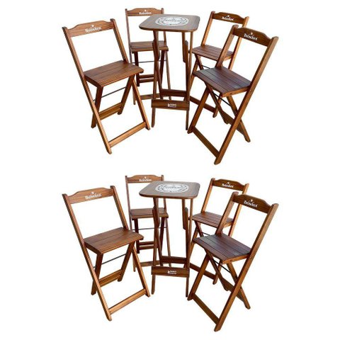 Kit 2 Conjuntos Bistrô Mesa com 4 Banquetas Dobráveis de Madeira Personalizada Hei - Imbuia Marrom