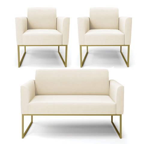 Sofá Namoradeira com 2 Poltronas Base Industrial Dourado Marisa Veludo