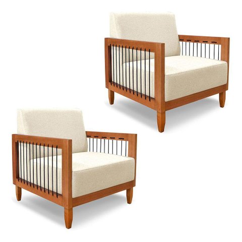 Kit 2 Poltronas Decorativa Marilia Linho Base em Madeira Castanho - Pallazio Cor Bege