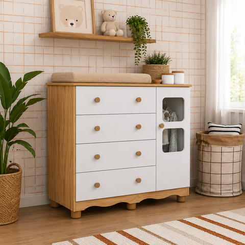 Cômoda Infantil Uli Peroba em 100% MDF Branco com Amêndoa Branco Amêndoa