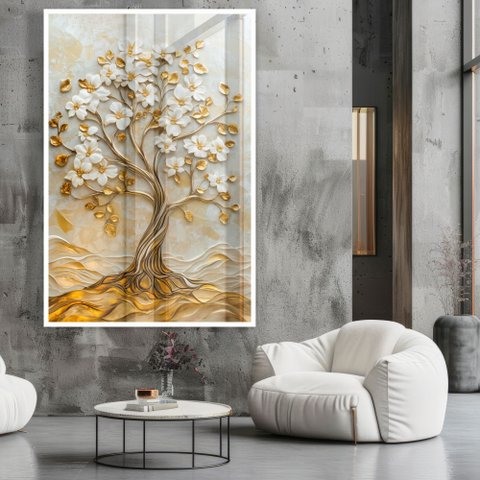 Quadro Décor Árvore 3d com Ondas Flores Brancas Folhas Douradas Sala Quarto Casa Escritório
