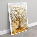 Ver imagem 2 de Quadro Décor Árvore 3d com Ondas Flores Brancas Folhas Douradas Sala Quarto Casa Escritório