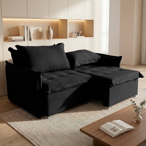 Sofá Cama 2 Lugares Singapura Reclinável 190cm em Bouclê com Catraca Reforçada e 2 Almofadas:Preto