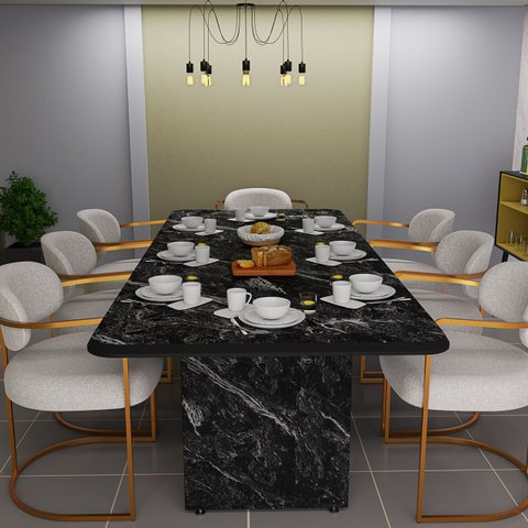 Mesa Retangular Sala de Jantar Mdf 220x80 Estampa Mármore Branco Base Pérola Sofisticada