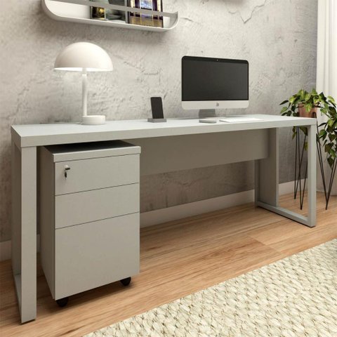 Mesa Escrivaninha Industrial 1,90m com Gaveteiro e Pés Metal Cor:cinza Claro