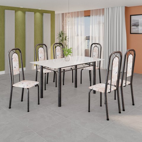 Conjunto de Mesa Tubular com 6 Cadeiras Lara Prata/Bege