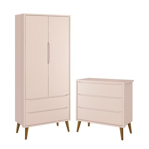 Jogo de Quarto Infantil Theo Retrô Guarda Roupa 2 Portas e Cômoda Rosa com Pés Amadeirado - Reller M