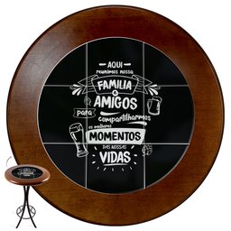 Mesa para Áera Gourmet Alta Redonda de Madeira Maciça com Azulejo Família e Amigos - Empório Tambo - 3