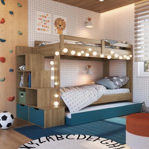 Treliche Infantil com Escada Nicho e Gaveta Linha Infanto Aveiro Oak/azul Secreto Bi005 Completa Móv
