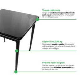 Mesa Quadrada Preta em Madeira Maciça com Pernas de Madeira 80x80x78cm - Empório Tambo - 9