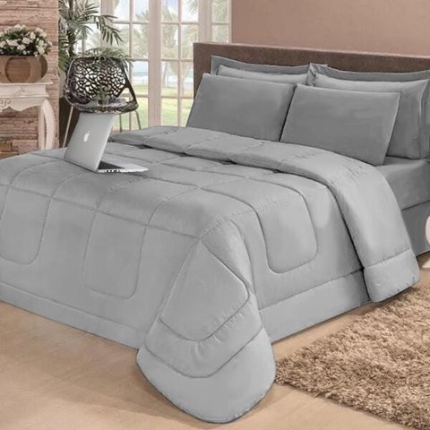 Kit 6 Pçs Edredom Casa Dona Dupla Face Casal Queen Com Lençol Cinza