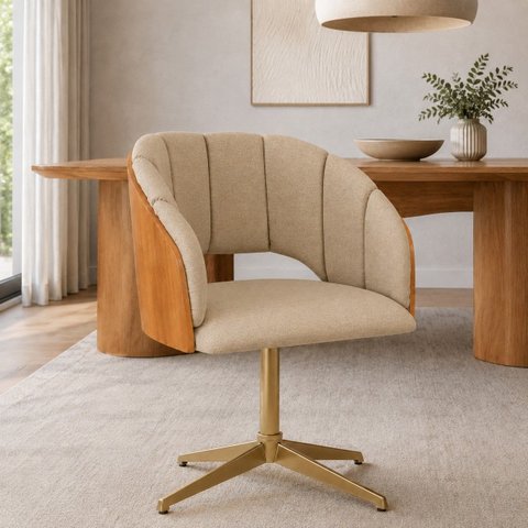 Cadeira Poltrona Base Giratória Dourada para Mesa de Jantar Nicole