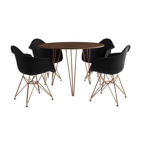 Mesa Jantar Redonda 90cm Amêndoa Clips 3 Pés com 4 Poltronas Pretas Base Cobre - Cor: Amendoa