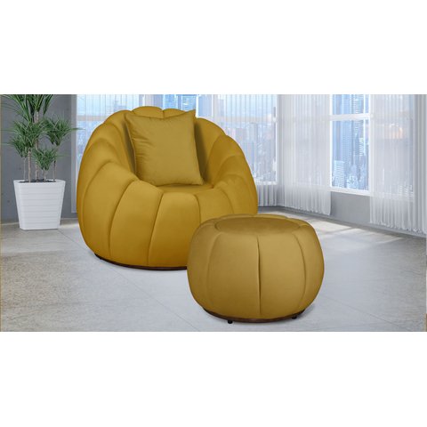 Kit Poltrona Decorativa C/ Puff + Almofada Concha Veludo Mostarda - Londrilar