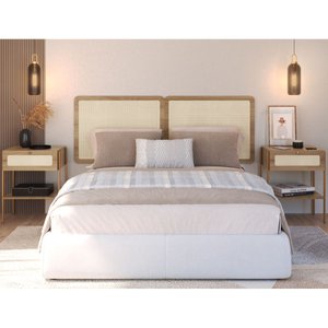 Conjunto Cabeceira Casal 160cm e 2 Mesas de Cabeceira 1 Gaveta Pé Metal Palhinha Oslo Artesano | Han