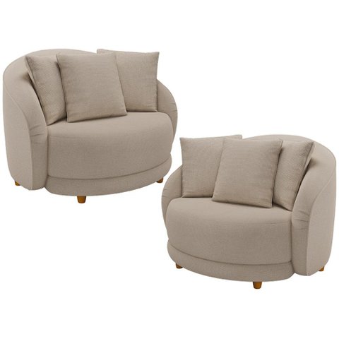 Kit 02 Poltronas Decorativa Sala de Estar Base Fixa de Madeira Witta M03 Linho Cru - Lyam Decor