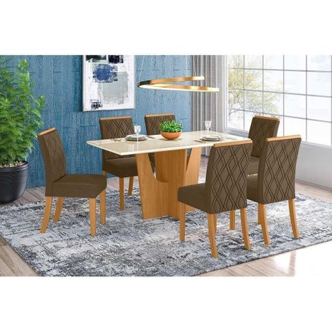 Conjunto Mesa de Cozinha Vértice Tampo Madeirado com Vidro 160x80cm e 6 Cadeiras Vita Nature Suede