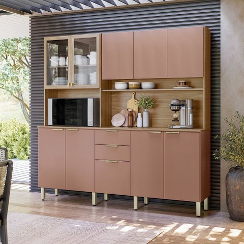 Cozinha Compacta Amora 8 Pts 2vidros Incolor e 2 Gavetas - Amêndola Touch/ Marsala Prime Tx Demóbile