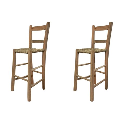 Kit 2 Banquetas de Palha com Encosto de Madeira