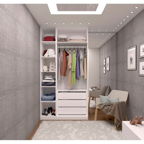 Guarda Roupa Closet sem Portas 2 Peças, 3 Gavetas, 1 Cabideiro Branco Prime Luciane Móveis