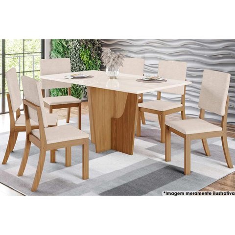 Sala de Jantar Completa Vértice Tampo Madeirado C/ Vidro 160x80cm e 6 Cadeiras Milla Nature/veludo