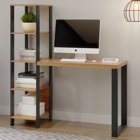 Mesa para Escritório com Torre 1,225m 5 Prateleiras F29 Pradel Móveis-freijó/preto Fosco