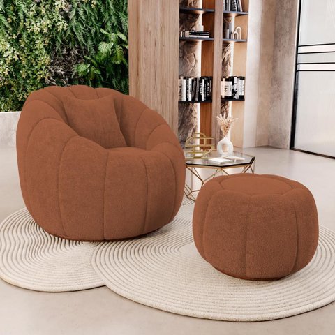 Poltrona Decorativa Concha Giratória com Puff Estilo Abóbora Shell Bouclê Terracota - Desk Design