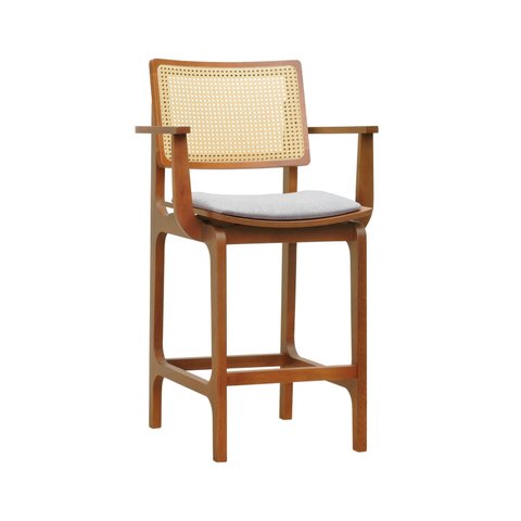 Banqueta Alta Bistrô Gus C/ Braços - Amêndoa - Estofado Linho Bege Mescla Impermeável