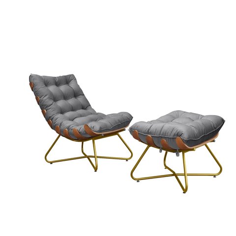 Poltrona Costela Decorativa com Puff Madeira Eva Dourado Cinza