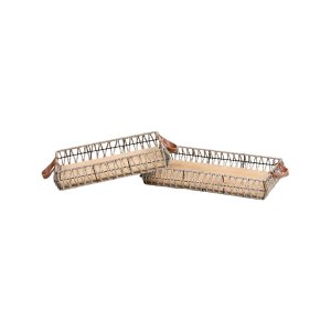 Kit com 2 Bandeja Retangular Fibra Cinza com Fundo de Madeira e Alça Pu 38x28x7cm e 43x33x7cm Bekasa