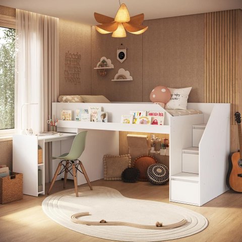 Cama Infantojuvenil com Estação de Trabalho e Escrivaninha Retrátil - Completa Móveis