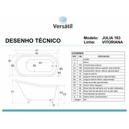Banheira Julia, Vitoriana Imersão, Clássica, Branca 163x78x63, sem Hidromassagem, Pés Cromados, Vers - 3