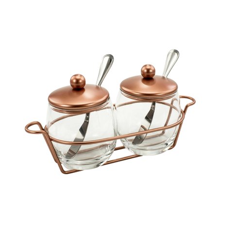 Conjunto para Servir Geleia Dois Potes e Suporte Cobre Forma
