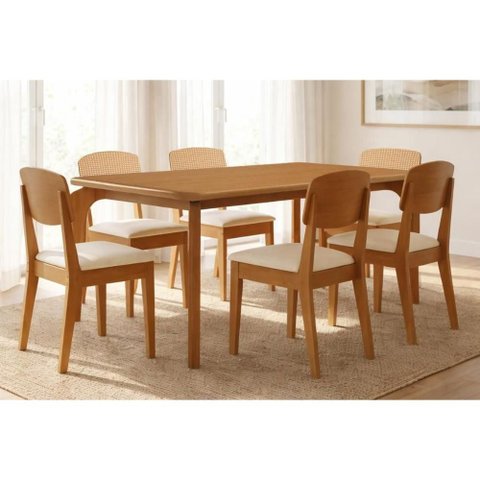 Conjunto: Mesa de Cozinha Londrina Tampo Curvo 180cm+6 Cadeiras Havana Naturale - Suede Creme -