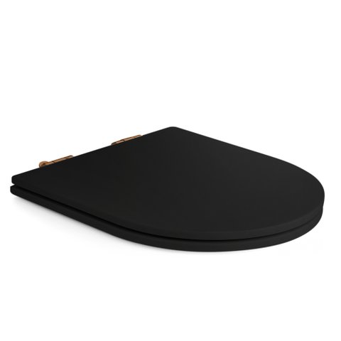 Assento Poliester Soft Close Carrara Preto Fosco Rose Gold para Vaso Deca