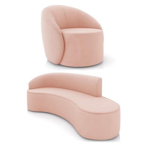 Sofá 4 Lugares Orgânico 220cm Morgan e Poltrona Lua Veludo Rose D03 - D'Rossi