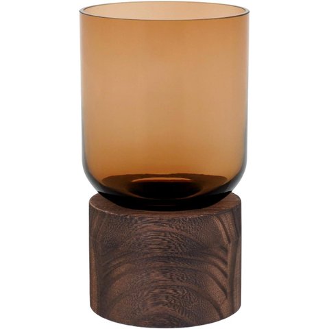 Vaso Mondello Decorativo Cachepô Enfeite 18x10x10cm Vidro Âmbar Base Madeira