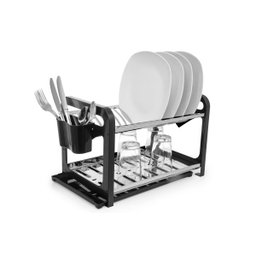 Escorredor 16 pratos montado com laterais PP porta talheres plástico bandeja coletora Preto - 1