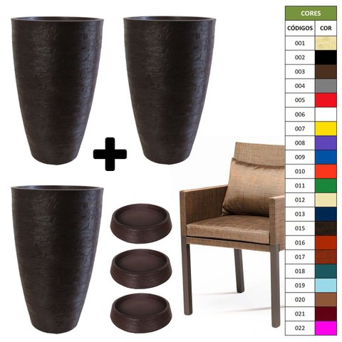 Kit 3 Vaso Planta + Prato 65x40 Oval Moderno Polietileno BGPLASTICOS CINZA CIMENTO 004
