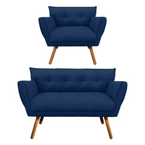 Kit Namoradeira e 01 Poltronas Anitta Suede Pés Palito - D'Rossi - Azul Marinho