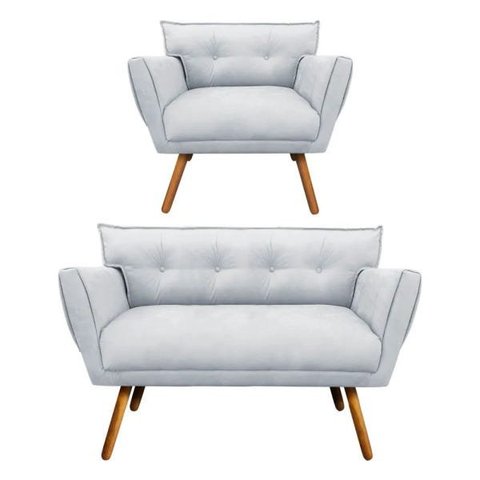 Kit Namoradeira e 01 Poltronas Anitta Suede Pés Palito - D'Rossi - Cinza