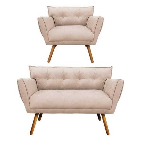 Kit Namoradeira e 01 Poltronas Anitta Suede Pés Palito - D'Rossi - Bege