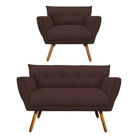 Kit Namoradeira e 01 Poltronas Anitta Suede Pés Palito - D'Rossi - Marrom