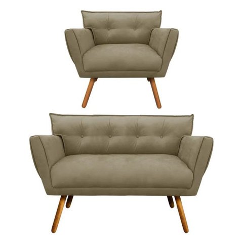 Kit Namoradeira e 01 Poltronas Anitta Suede Pés Palito - D'Rossi - Marrom Rato