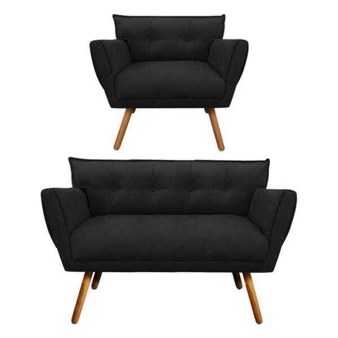 Kit Namoradeira e 01 Poltronas Anitta Suede Pés Palito - D'Rossi - Preto